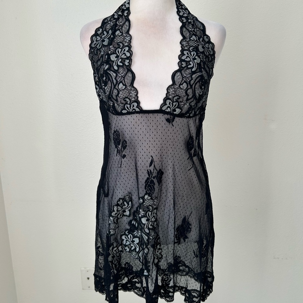 Fredrick's of Hollywood Black Lace, Halter Babydoll Lingerie Slip Dress.